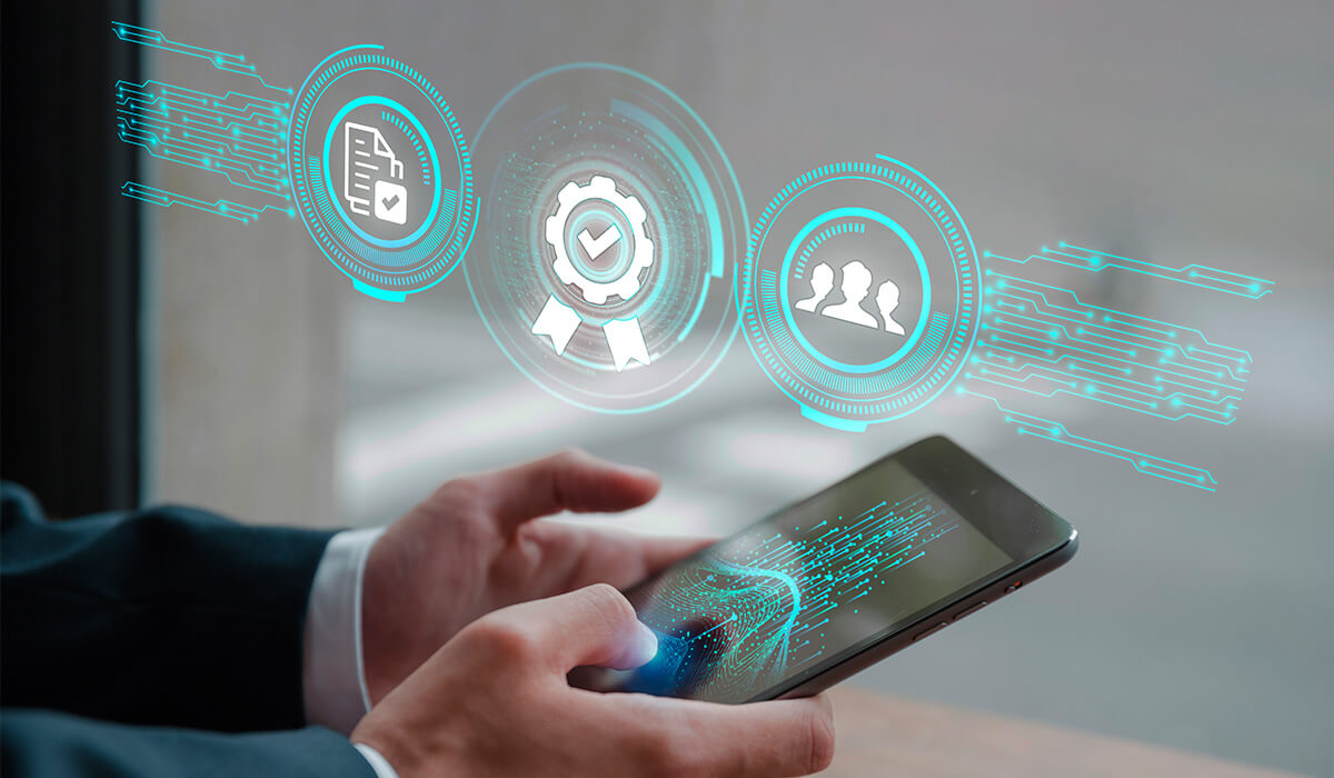 Stylised image of man using his digital ID on his phone with security graphics floating around.