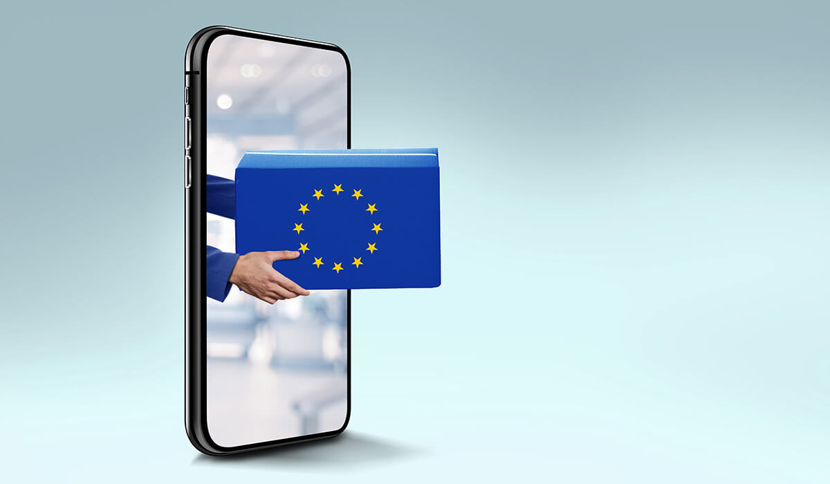 Stiliserad bild av EU-flaggan som kommer ut ur en telefon.