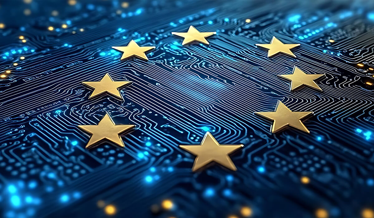 Omslagsbild för eIDAS-blogg med EU-stjärnor på blå bakgrund utformad för att likna ett chip.